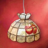 Vintage suspension in mother-of-pearl and brass with fruit decoration – retro light fitting from the 70s.
