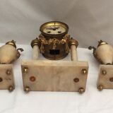 Clock fireplace trim and two vases in onyx and bronze style Louis XVI