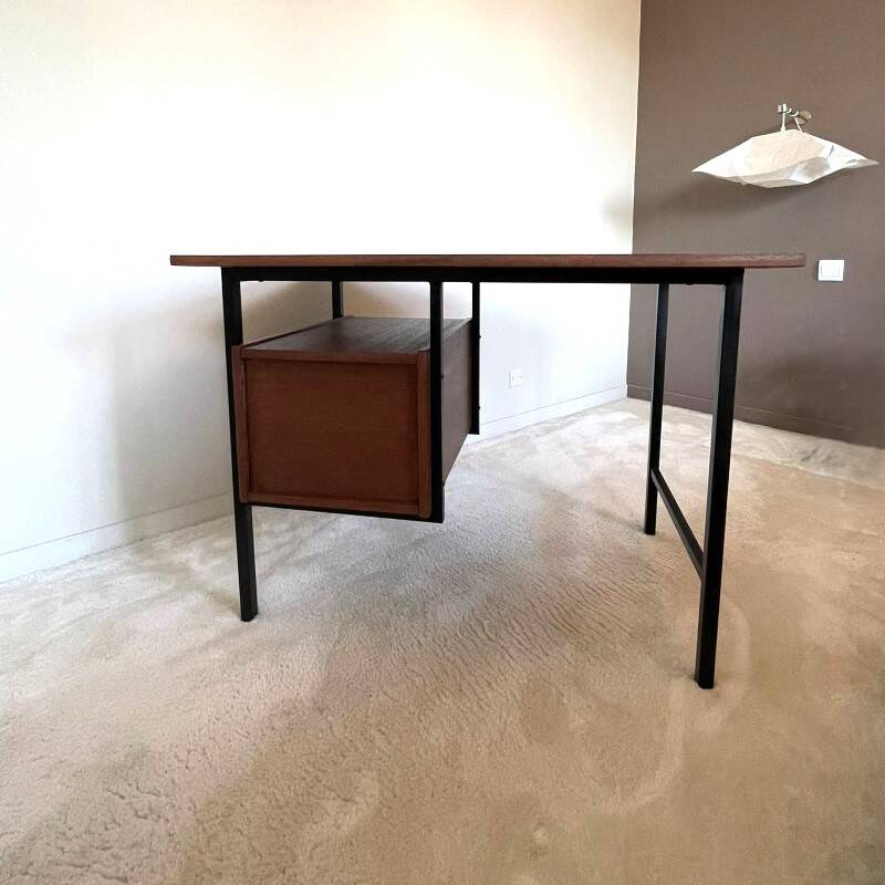 Bureau moderniste 2 tiroirs vintage en bois et métal noir