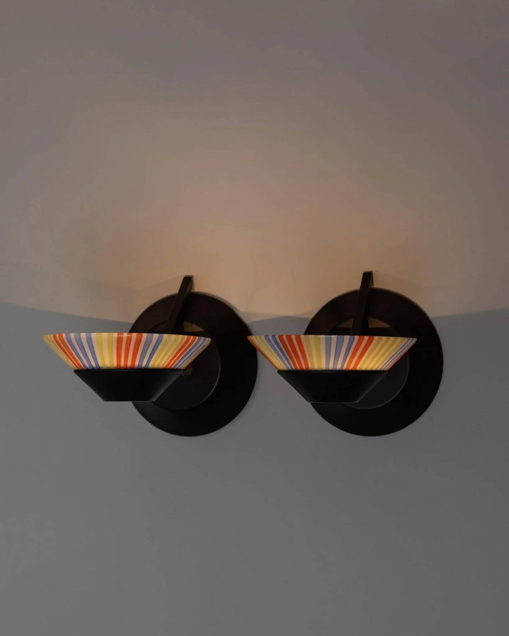 Set of 2 Vintage Murano Glass Wall Lamps with Multicolor Striped Shades and Matte Black Holders