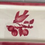 Cake dish bird pattern on its branch in red and white tones