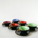 Set of 6 black and colored earthenware cups and saucers, 1950