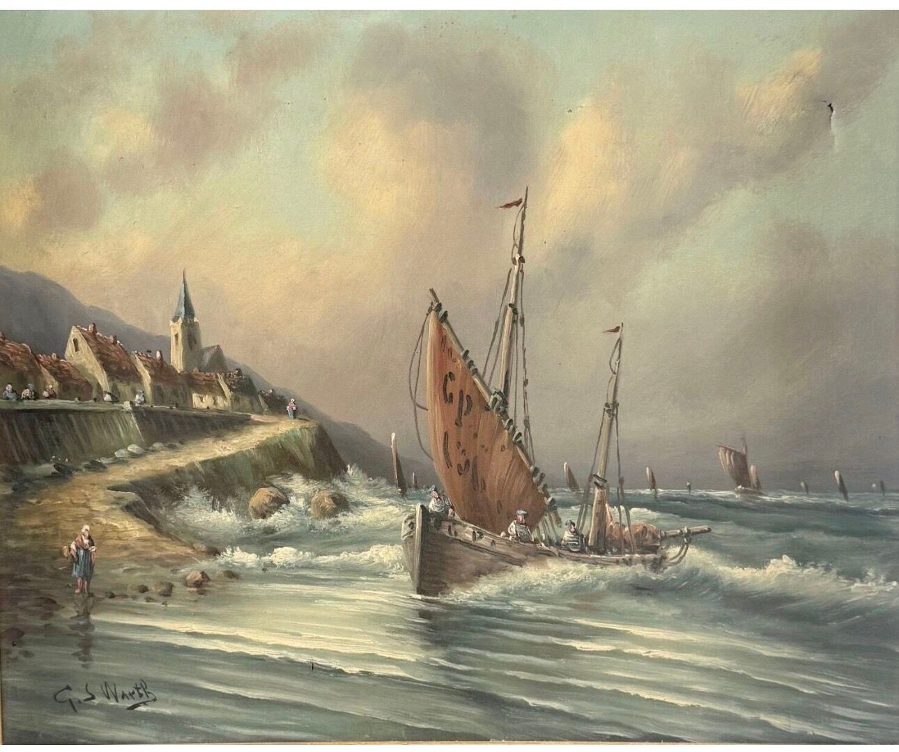 Oil on canvas marine signed G.S. Warth – Coastal village and sailing boats