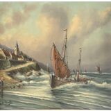 Oil on canvas marine signed G.S. Warth – Coastal village and sailing boats