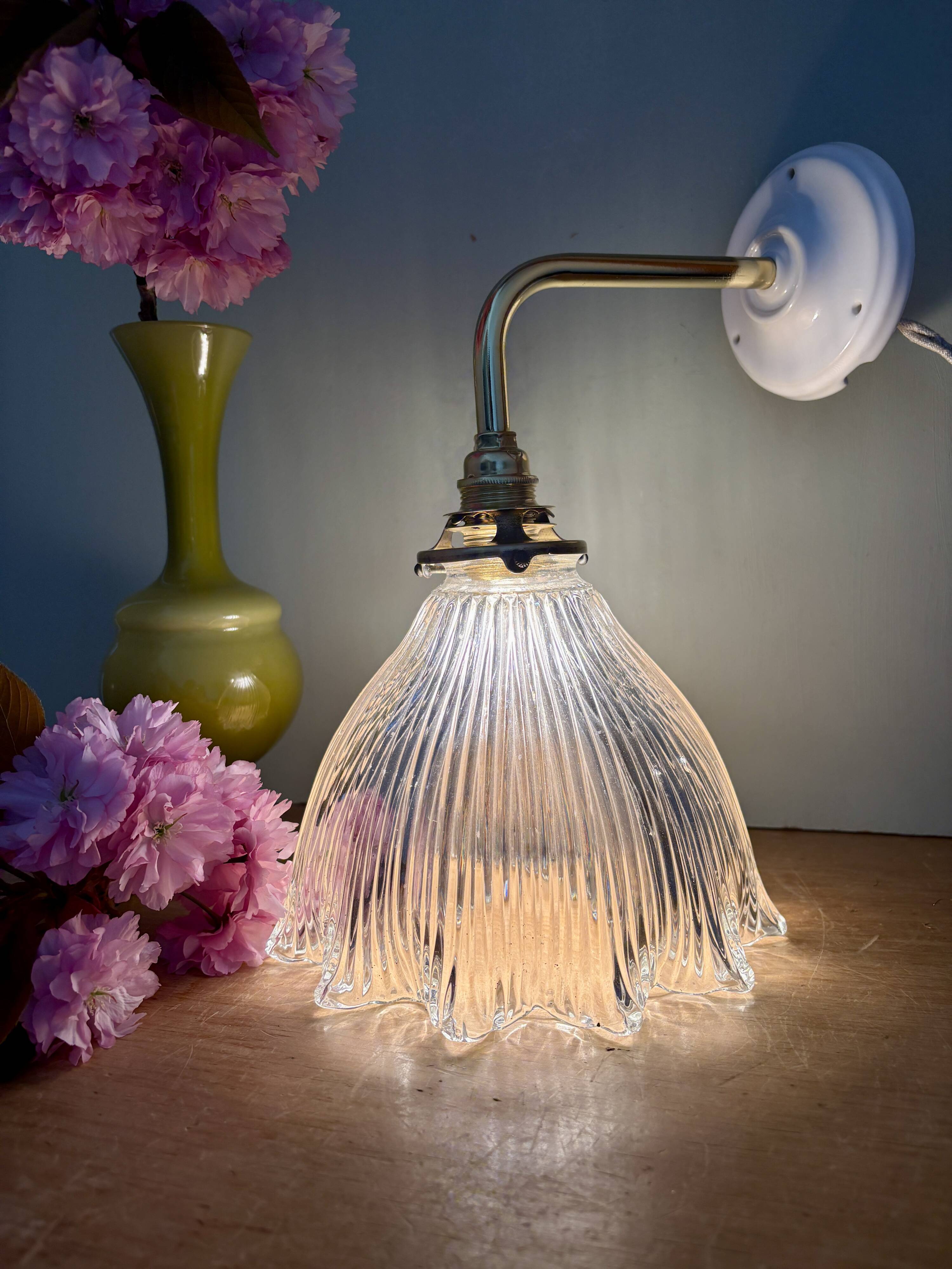 Elbow wall lamp with vintage holophane glass shade