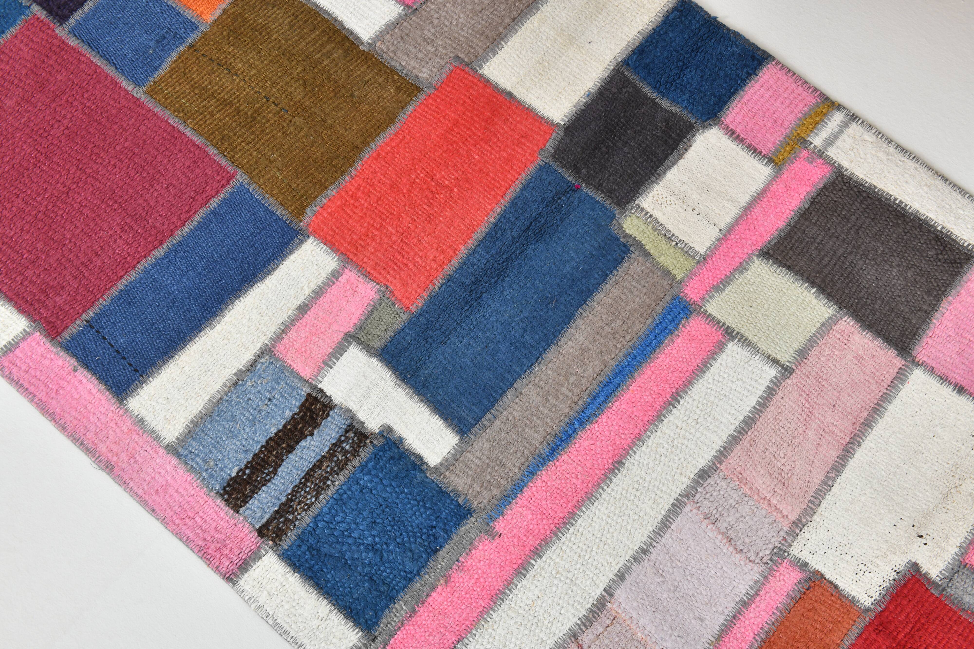 2x5 Pink & Blue Contemporary Kilim Runner Rug, 68x155Cm