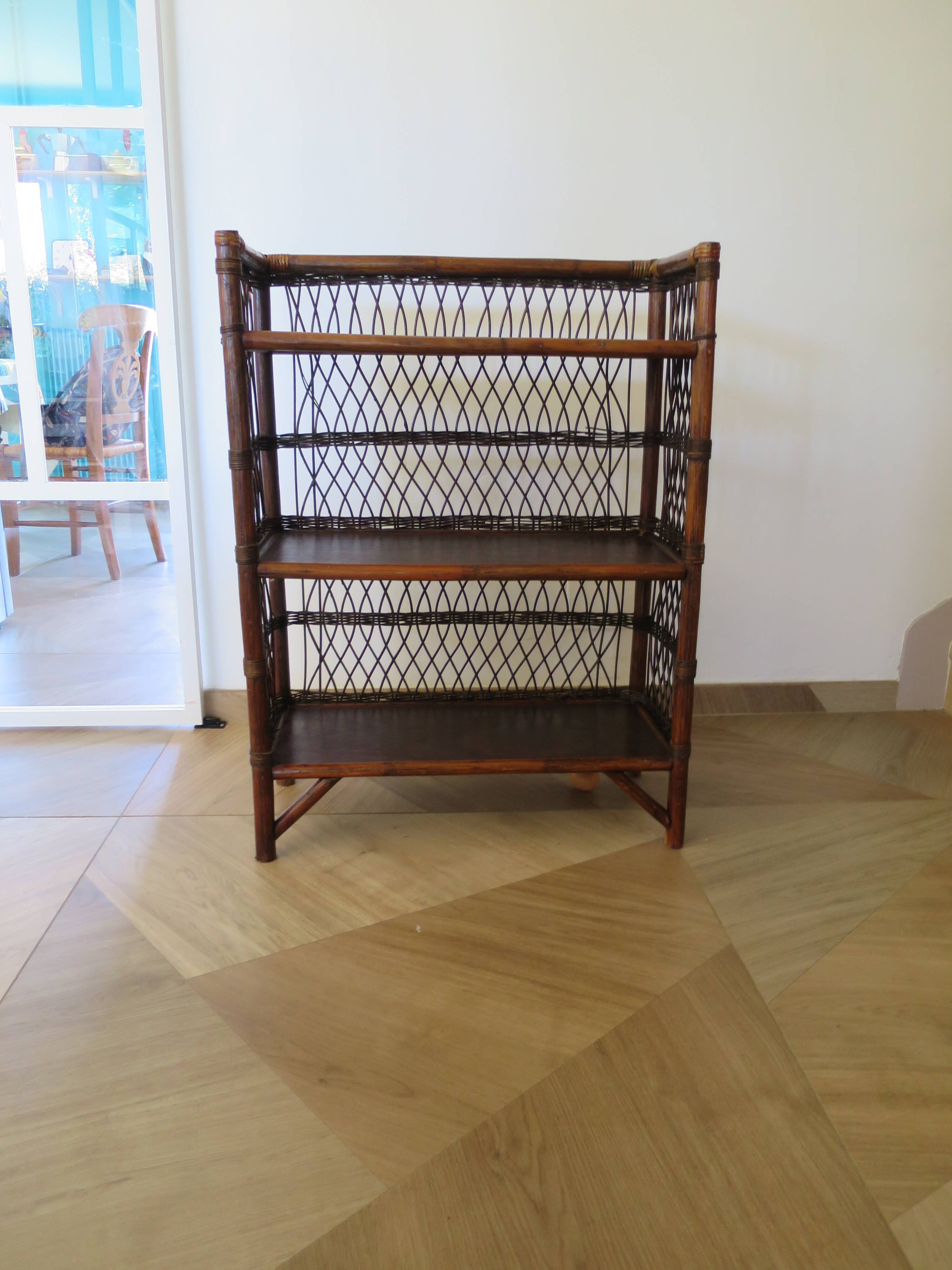 Bookcase - Bibus - 3 levels - woven rattan - bamboo - Vintage - 70s