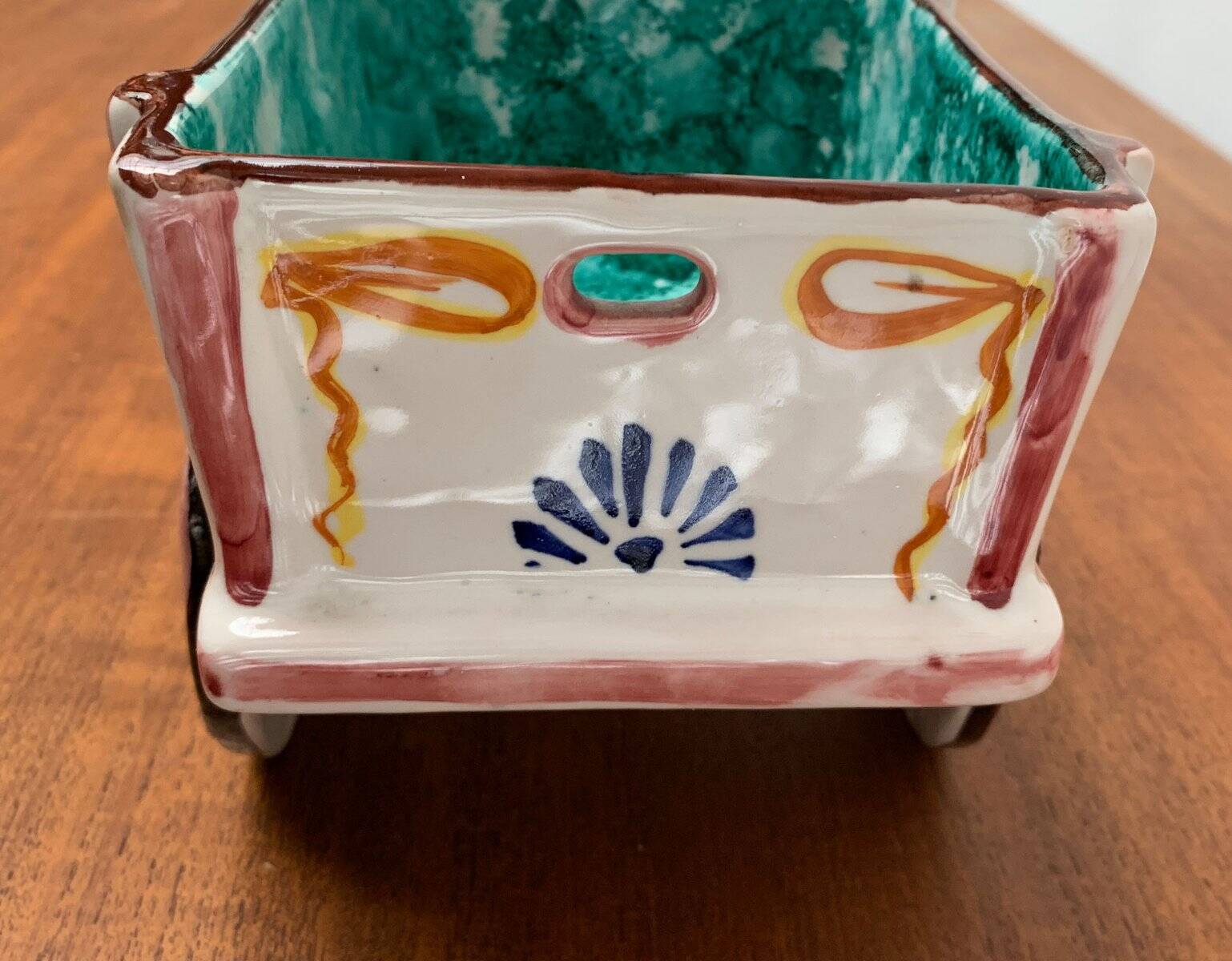 Vintage Italian hand-painted sculpture of a donkey with a cart in the shape of a bowl from Deruta, Italy.