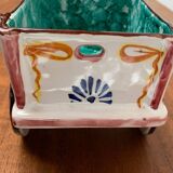 Vintage Italian hand-painted sculpture of a donkey with a cart in the shape of a bowl from Deruta, Italy.