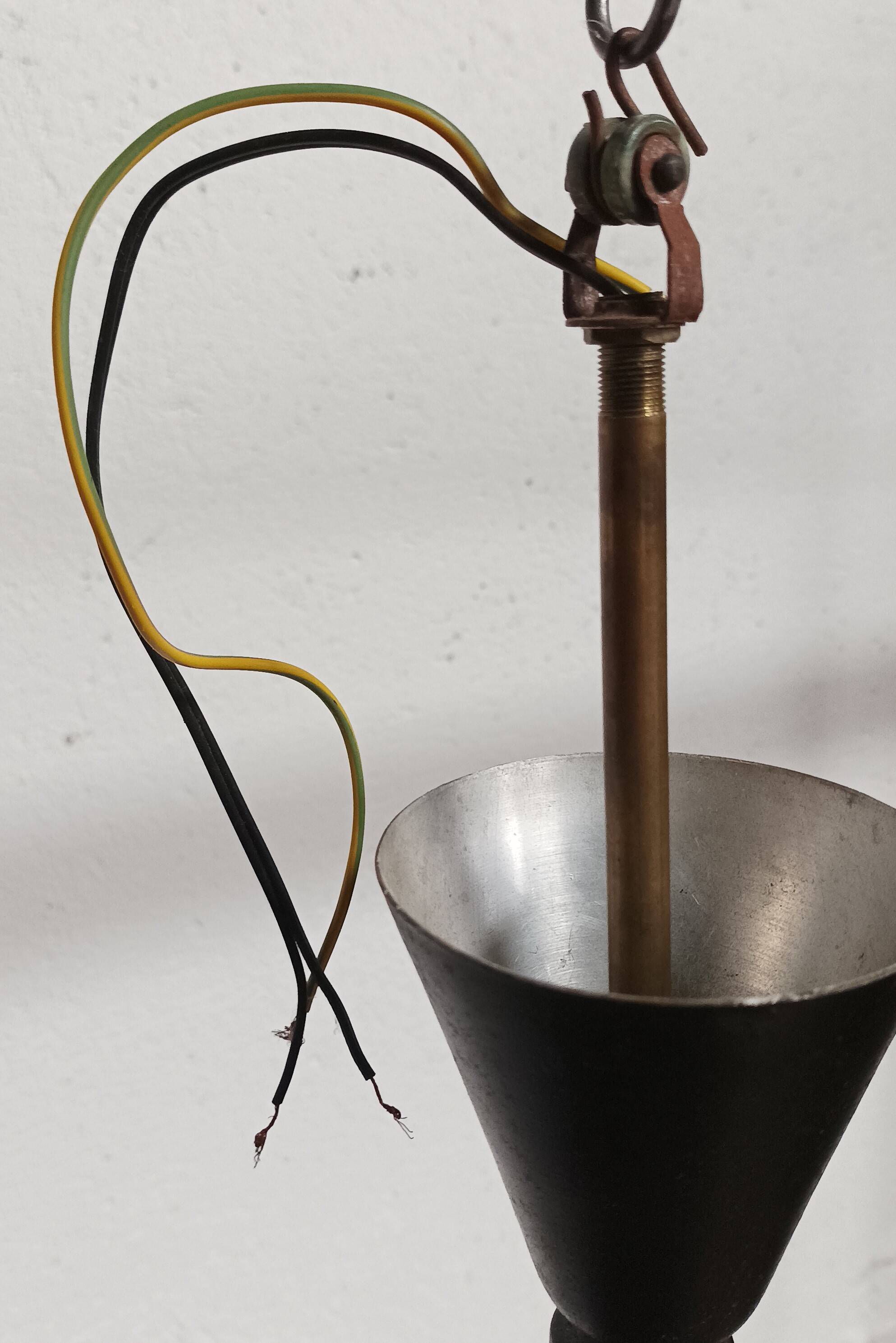 Teak, brass and opaline pendant light, Italy 1960