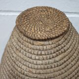 Large old basket with lid, burgundy straw and bramble, woven basket