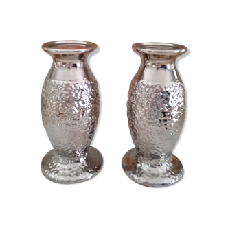 Pair of candle holders, silver-colored metallic ceramic candlesticks