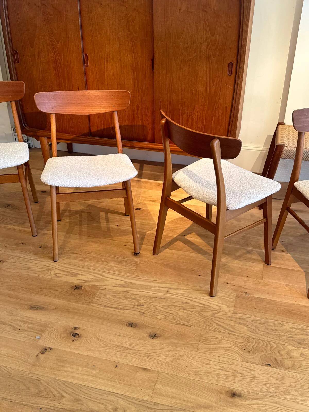 4 vintage Scandinavian "Freya" chairs in natural linen boucle.