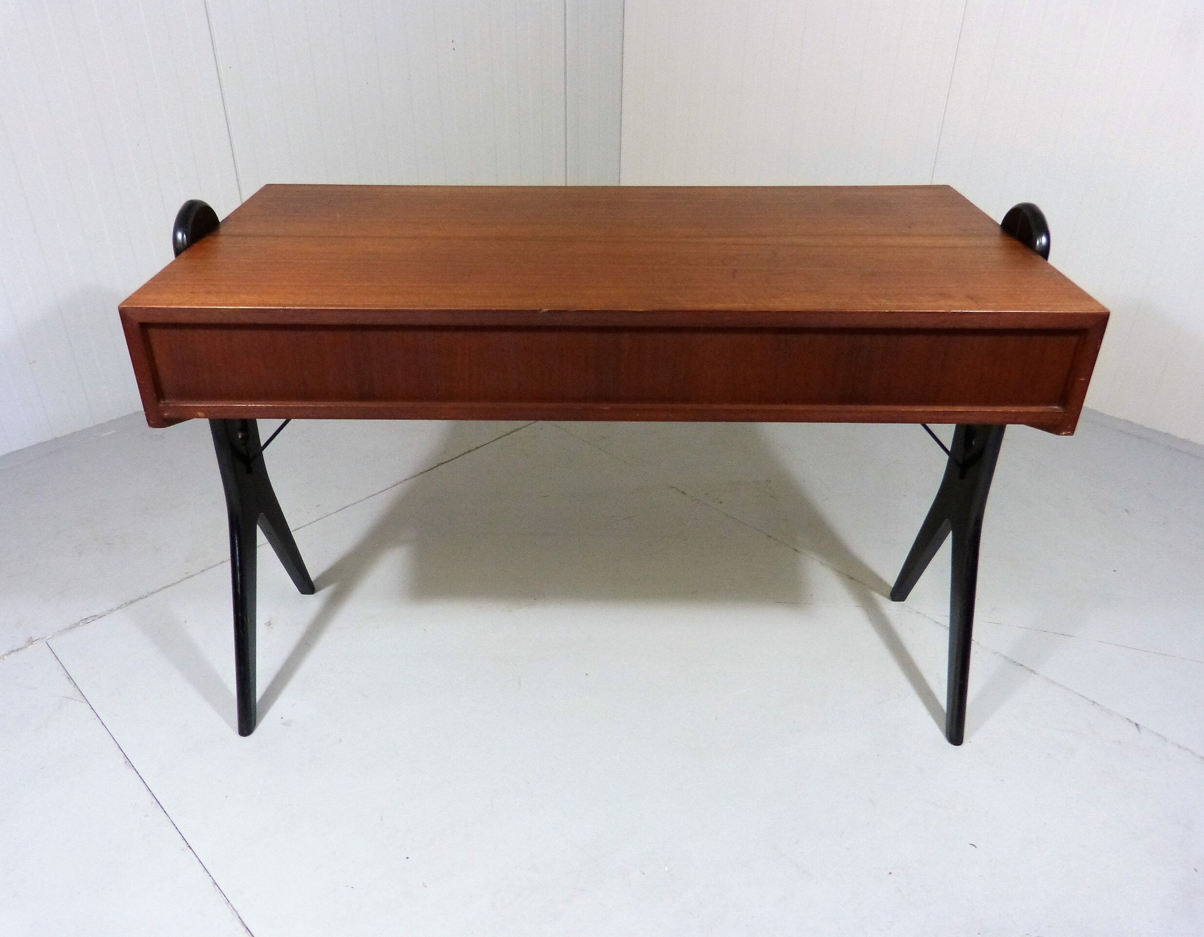 Vintage teak desk with black scissor legs 1960's