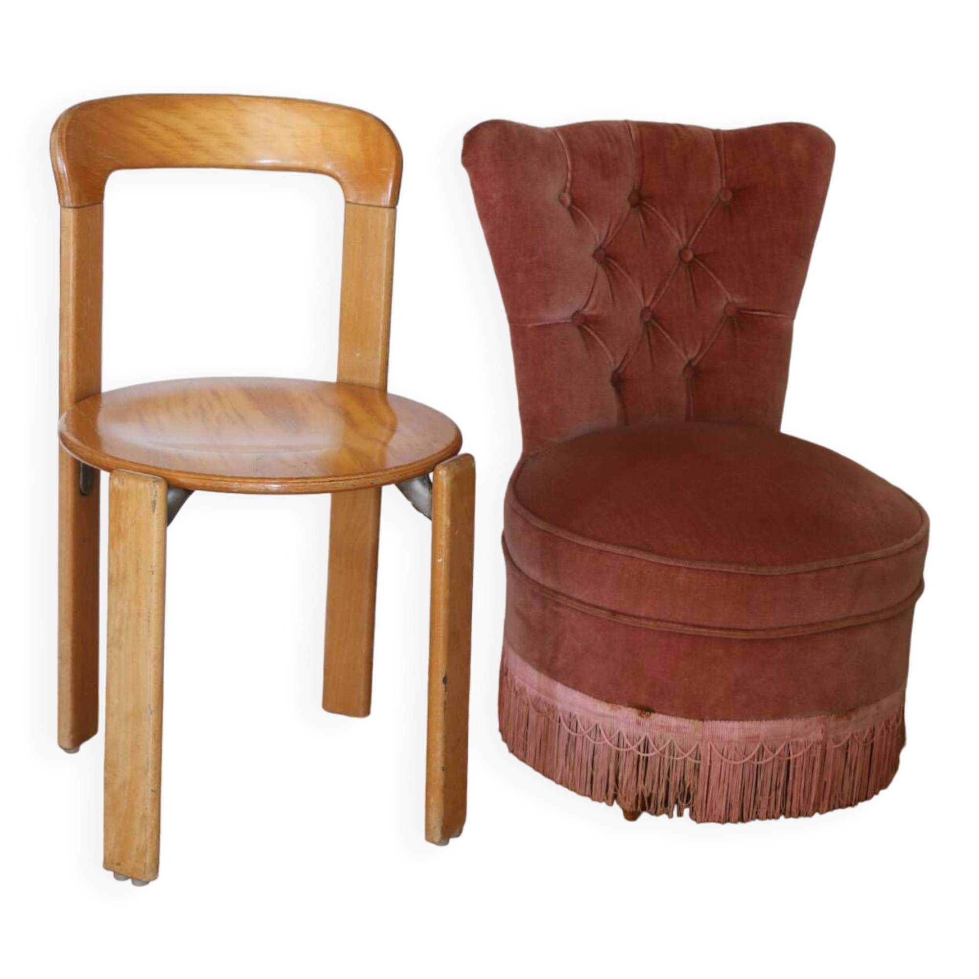 Powder pink fireside chair with fringes
