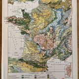 Old geological and physical map of France from 1897