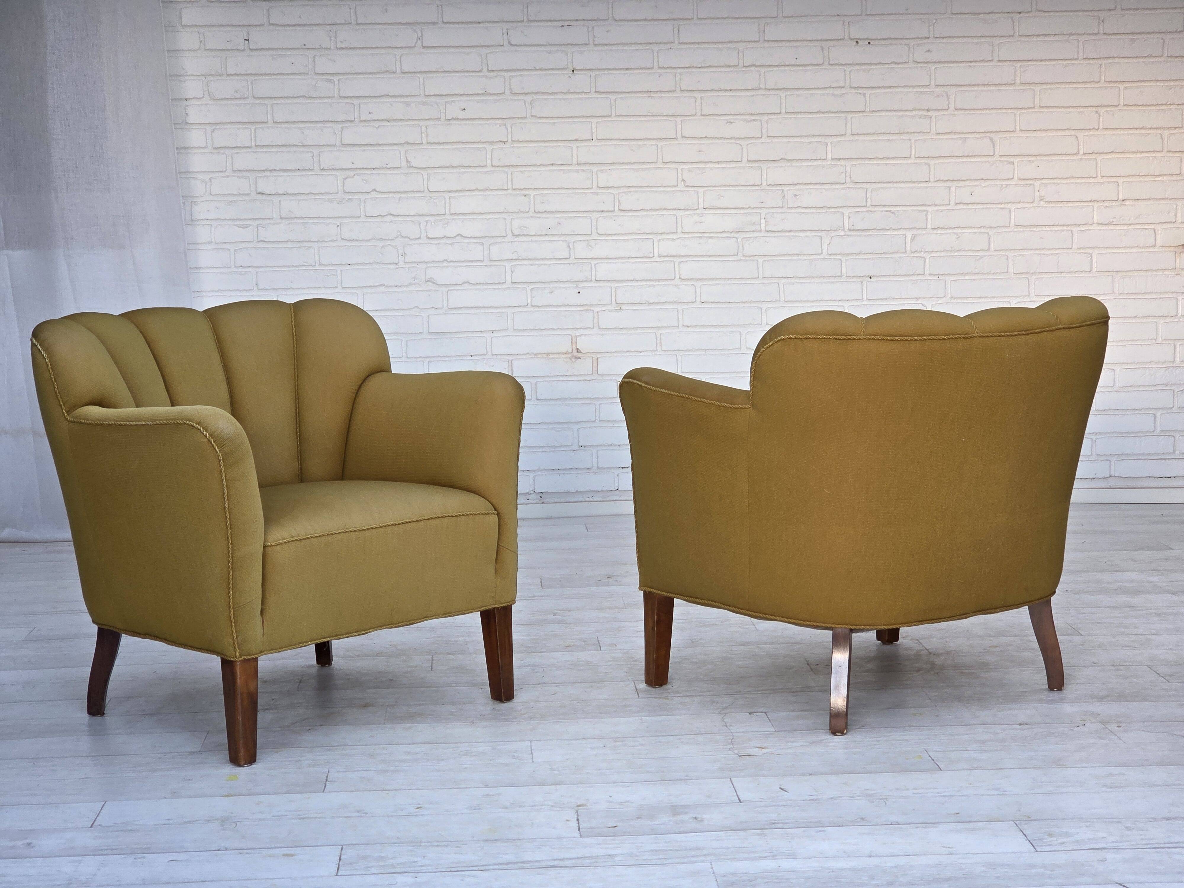 1960s, pair of Danish armchairs, green furniture wool, ash wood legs.