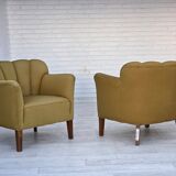 1960s, pair of Danish armchairs, green furniture wool, ash wood legs.