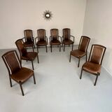 Set of 8 wooden and thick leather armchairs, Girsberger design, 80s