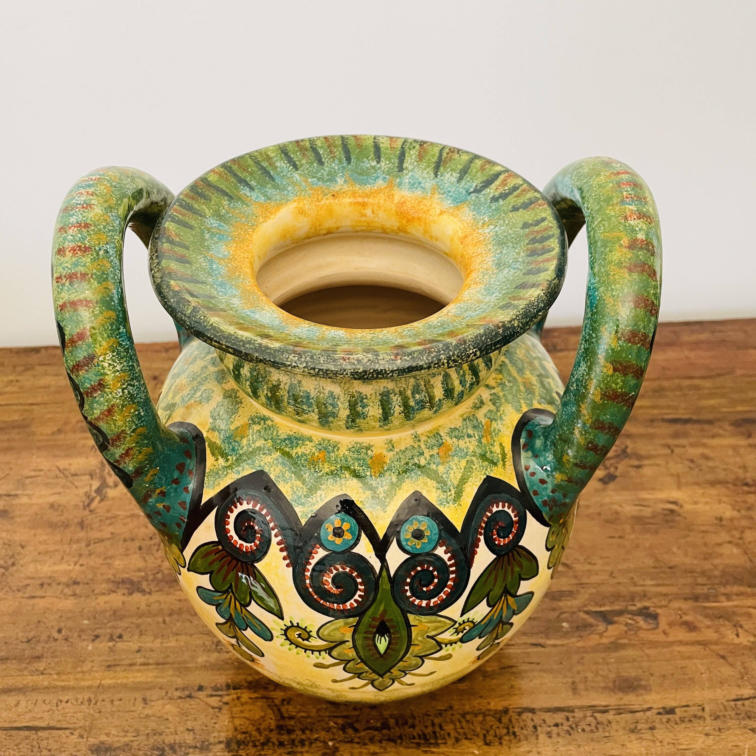 Sublime vase signed Paul Fouillen with yellow and green handles 1940