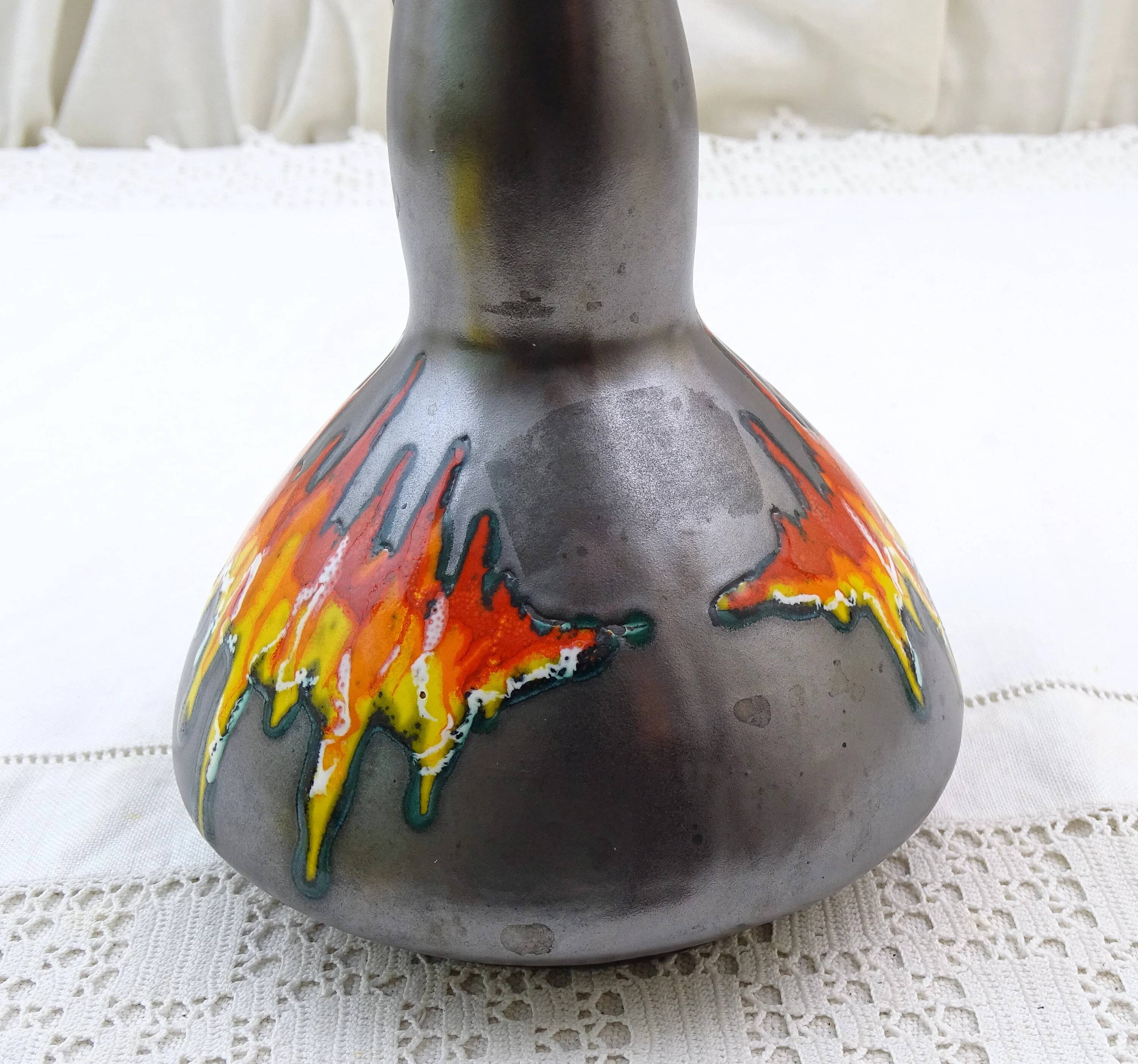 Vintage Italian mid-century iridescent black pottery vase/pitcher with red flame glaze, retro 1950s ceramic ornamental pitcher from Italy