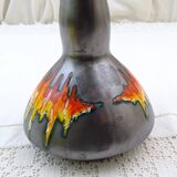 Vintage Italian mid-century iridescent black pottery vase/pitcher with red flame glaze, retro 1950s ceramic ornamental pitcher from Italy