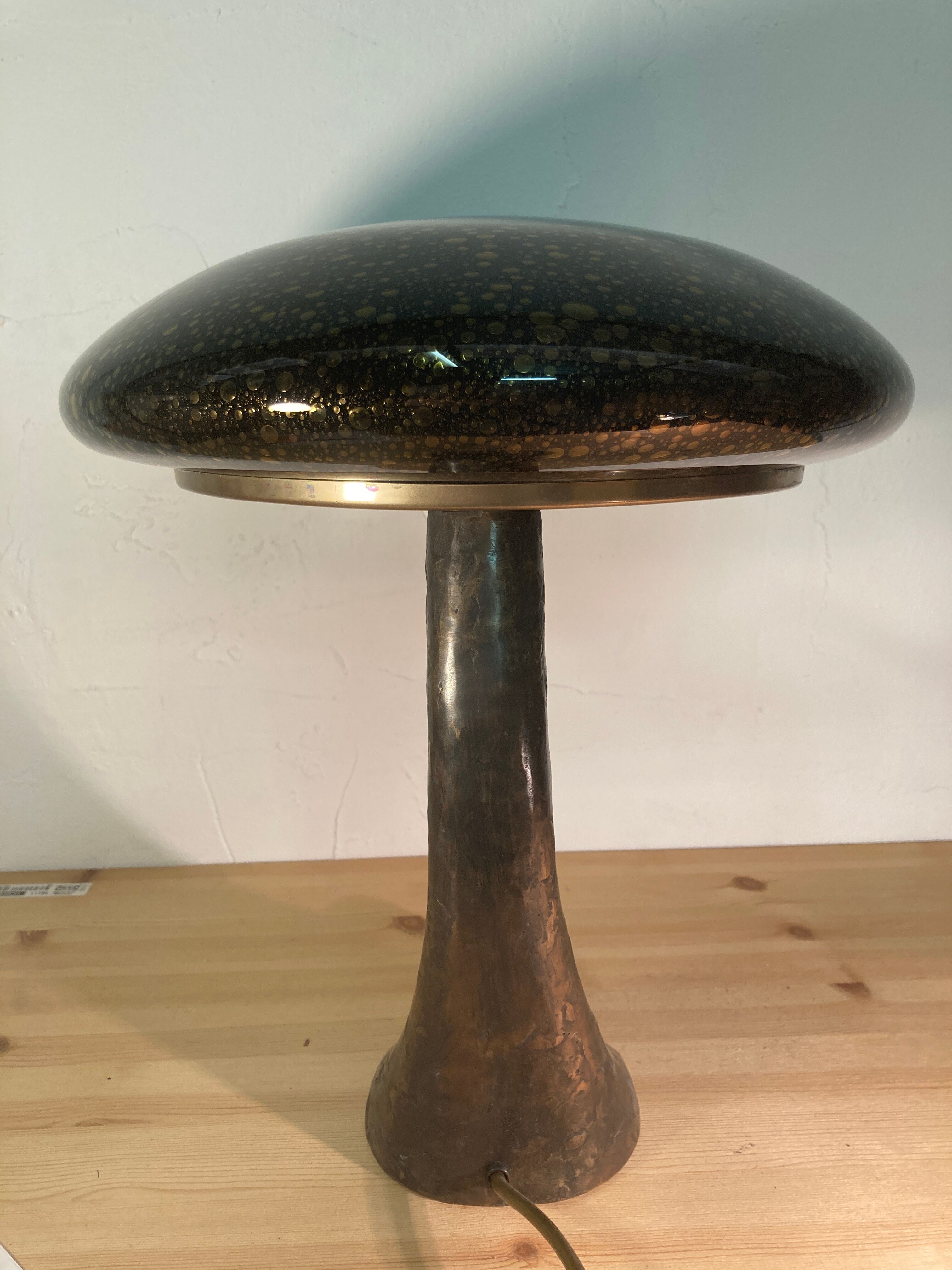 Art Deco organic mushroom bronze Murano bubble glass desk lamp