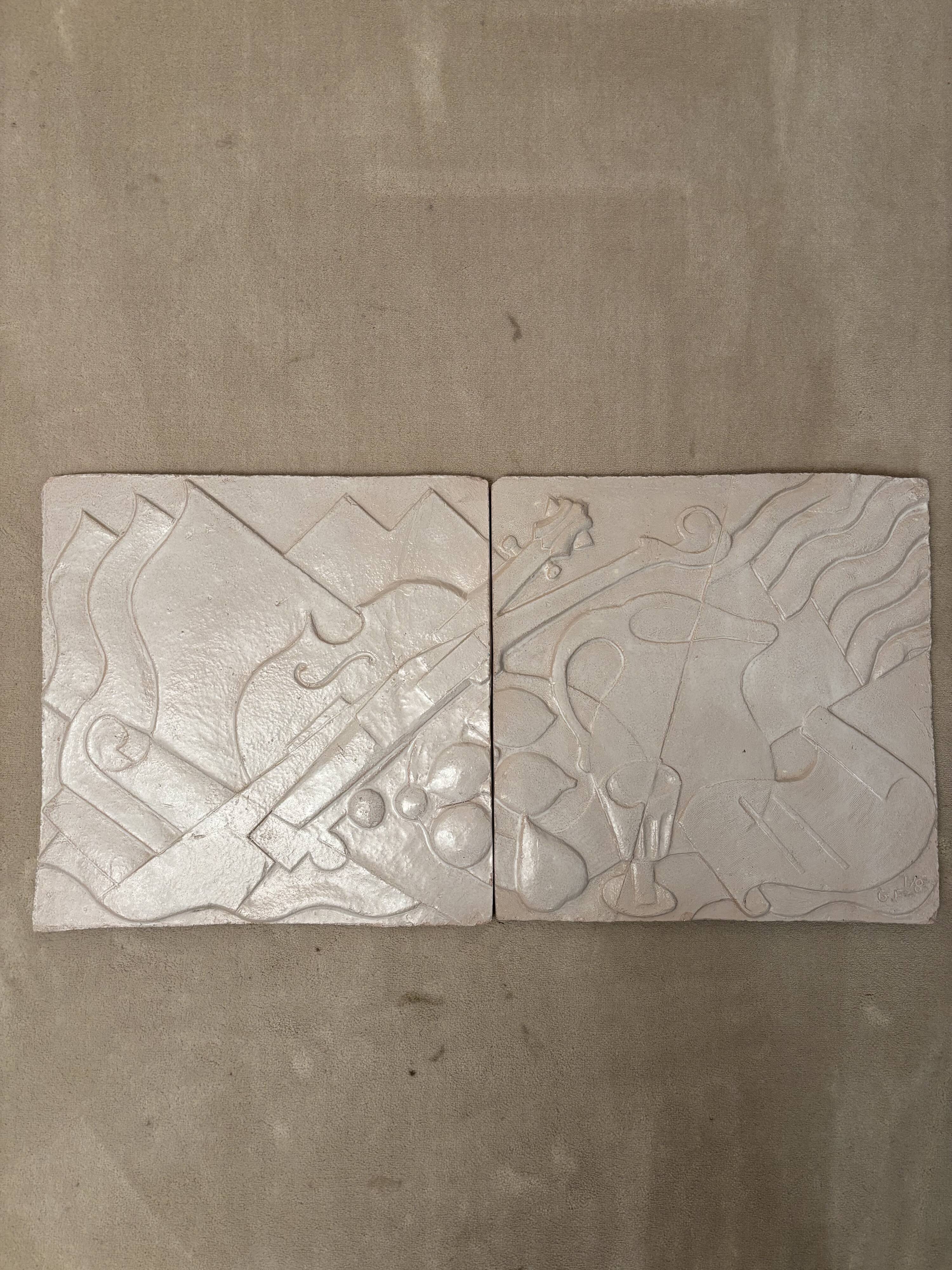 Set of 2 signed ceramic panels, still life, 1950