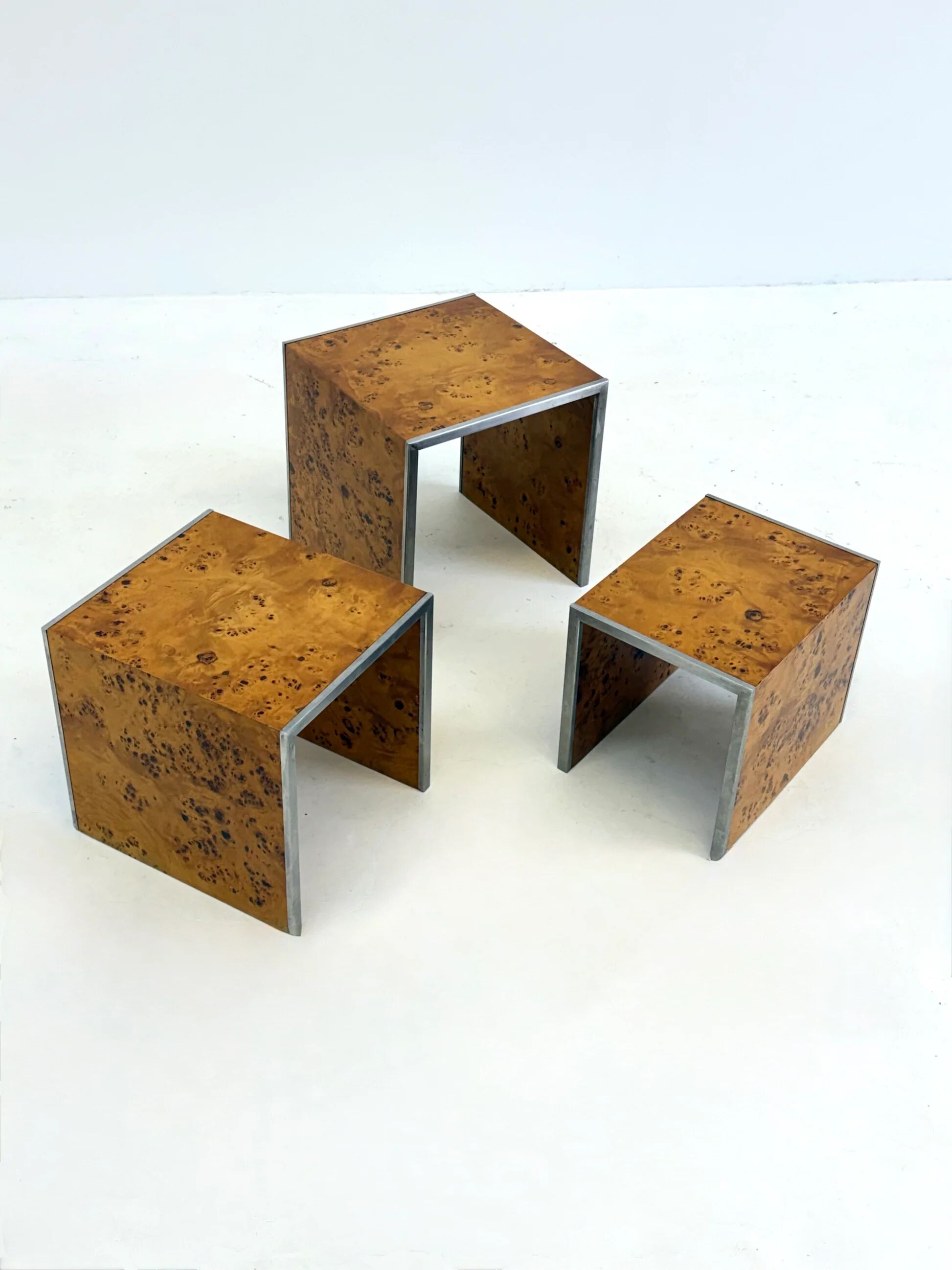 Set of three Tommaso Barbi mid-century modern burl wood nesting tables