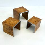 Set of three Tommaso Barbi mid-century modern burl wood nesting tables