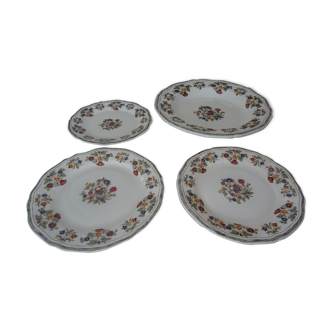 Dish and 3 plates gien decoration moustiers clérys floral decoration
