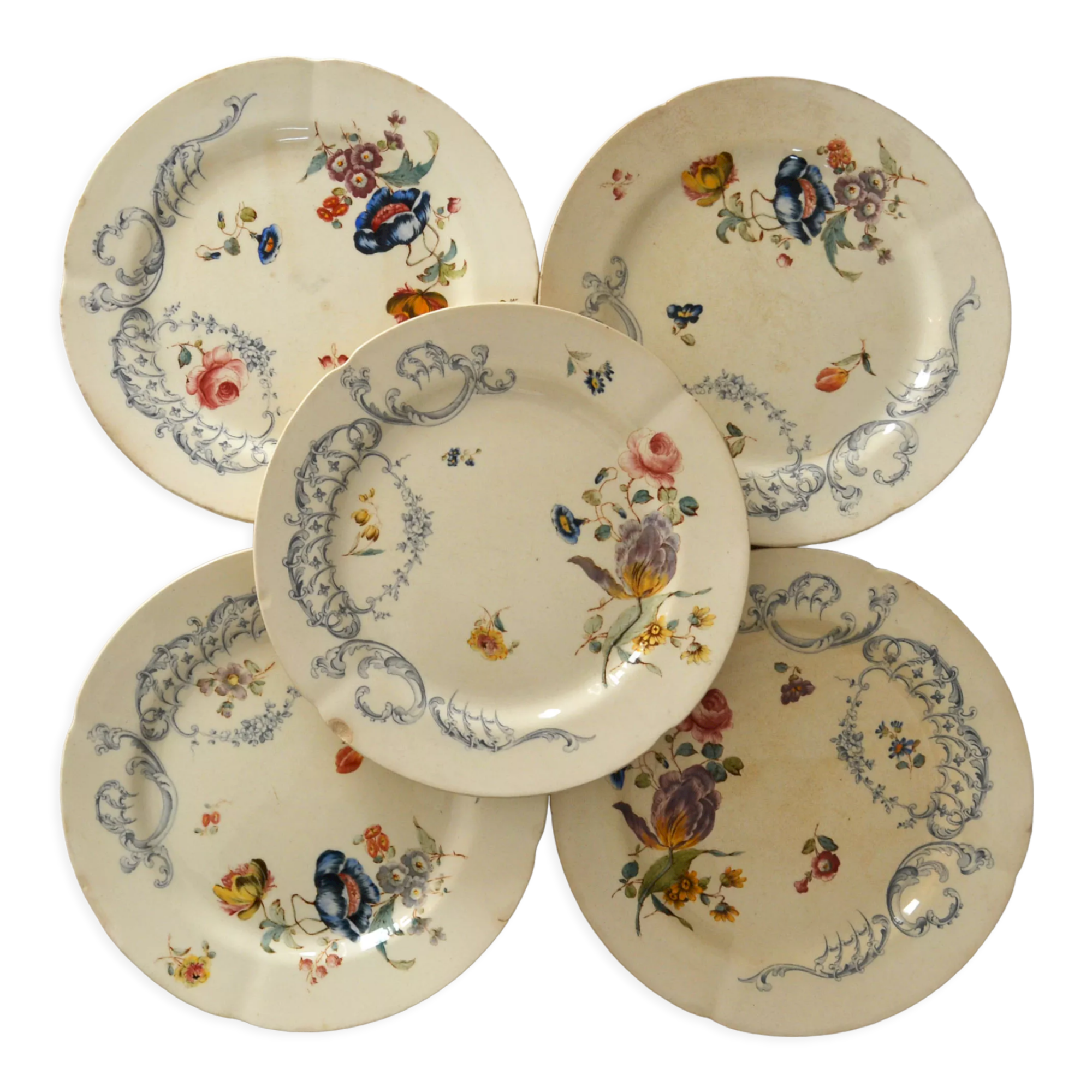 5 assiettes terre de fer polychrome hb Choisy le roi