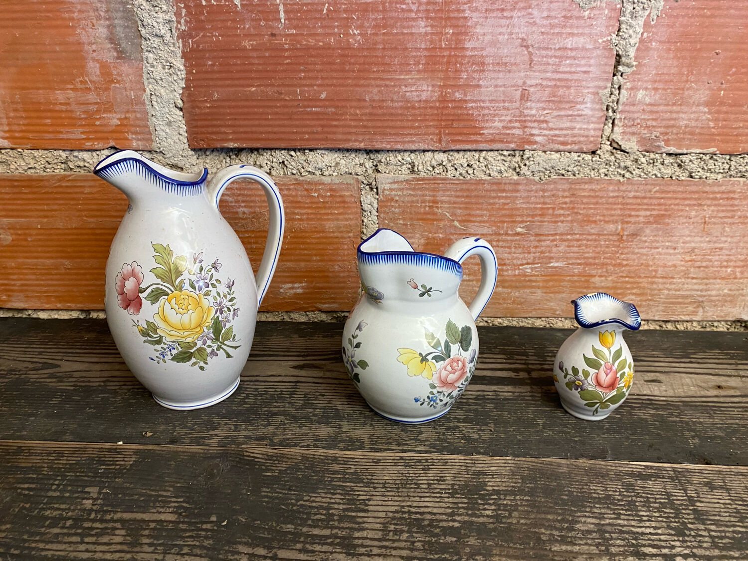 Pair of pitchers + vase charolles vintage painted earthenware
