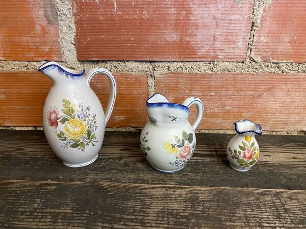 Paire de pichets + vase charolles faïence peinte vintage