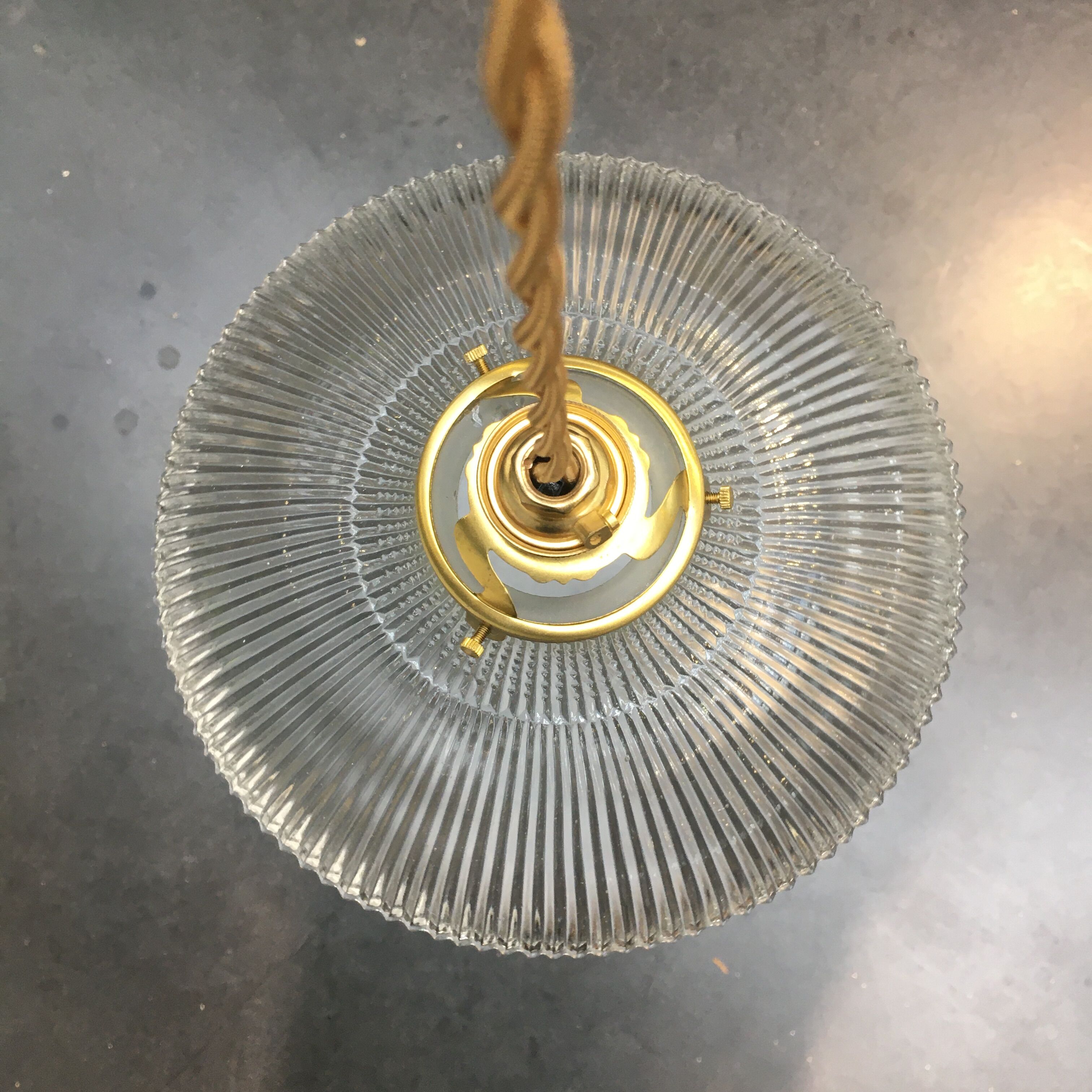 Vintage holophanous glass pendant lamp