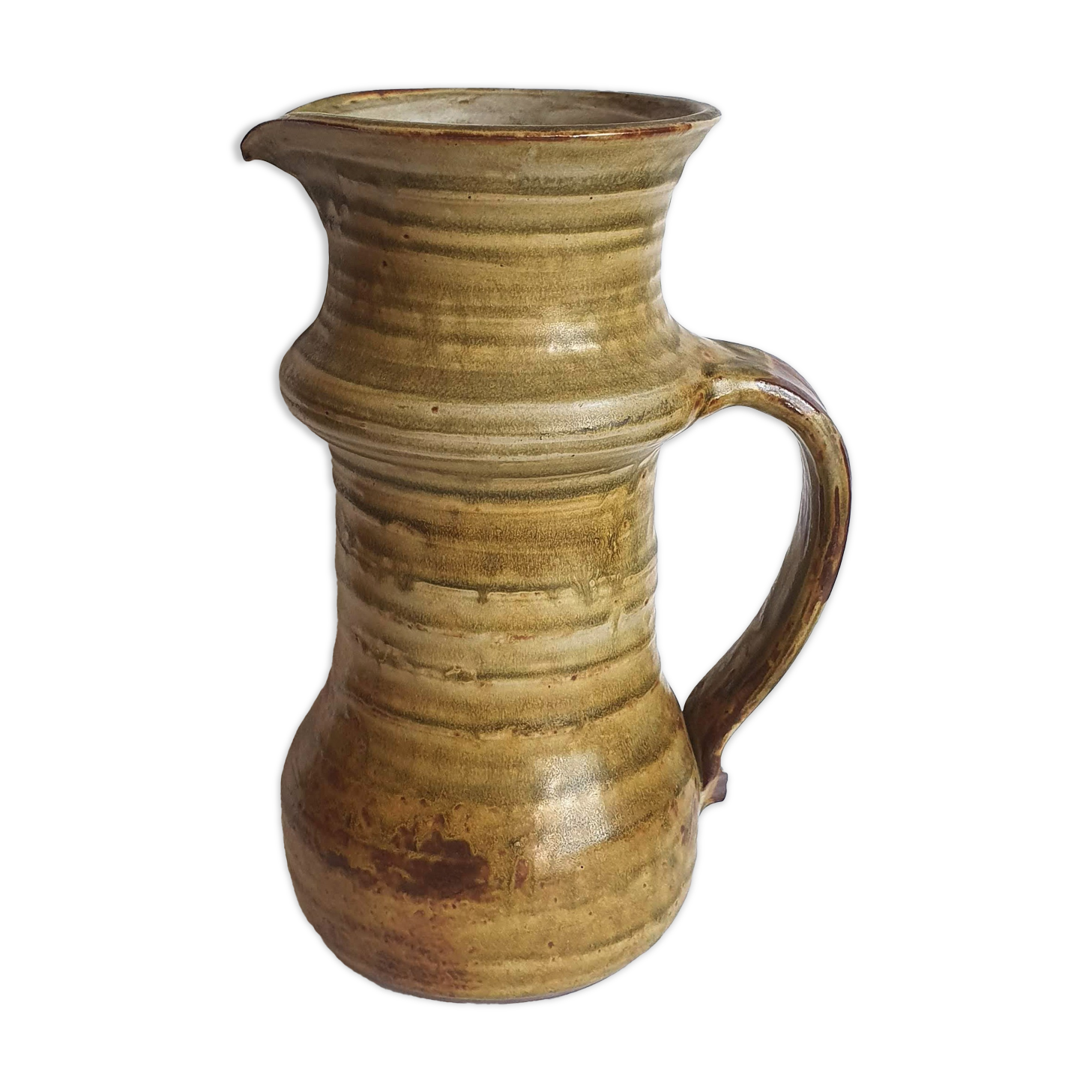 Enamelled sandstone pitcher signed
