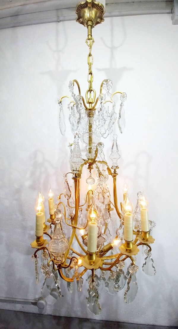 Lustre cage 12 lumières bronze et cristal