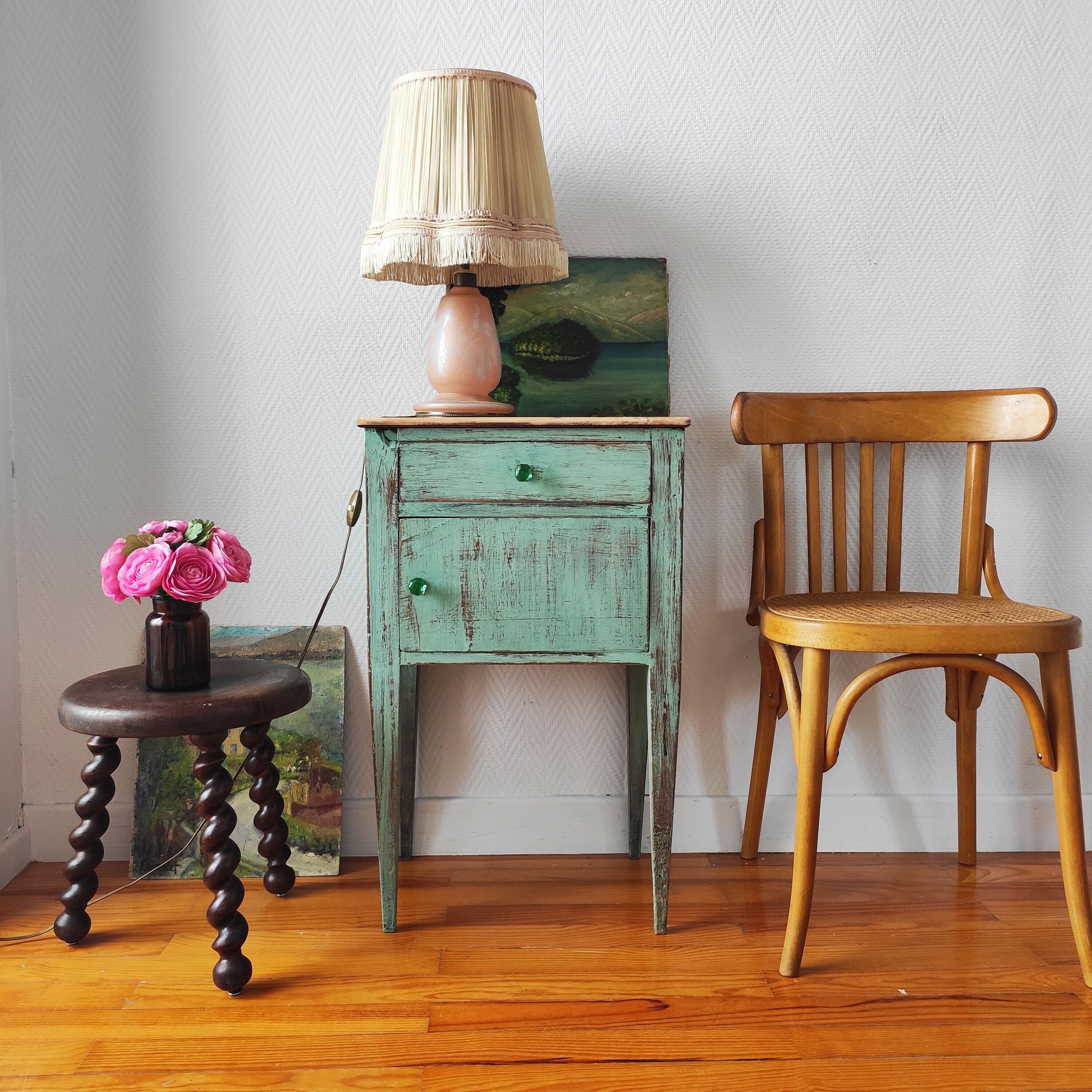 Patinated bedside table end of sofa