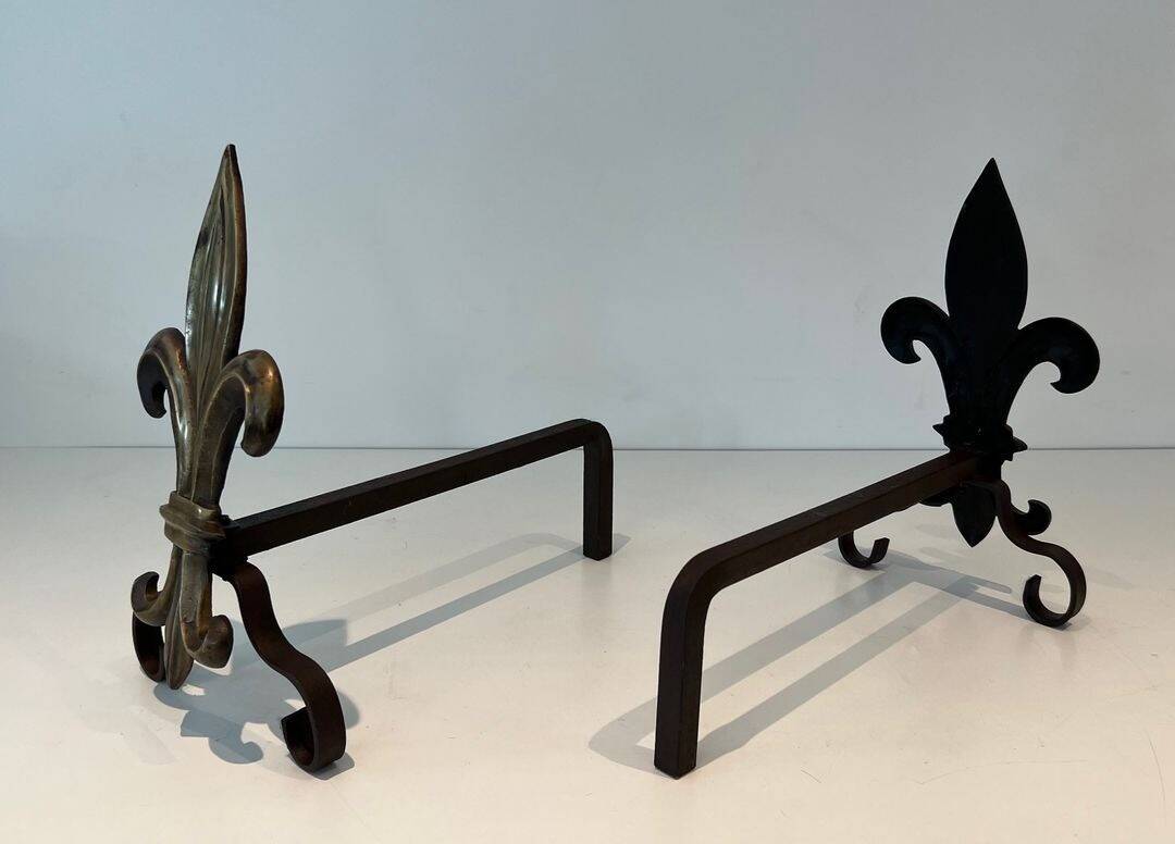 Pair of Bronze and Wrought Iron Chenets with Fleur-de-Lys Supports. France.