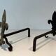 Pair of Bronze and Wrought Iron Chenets with Fleur-de-Lys Supports. France.