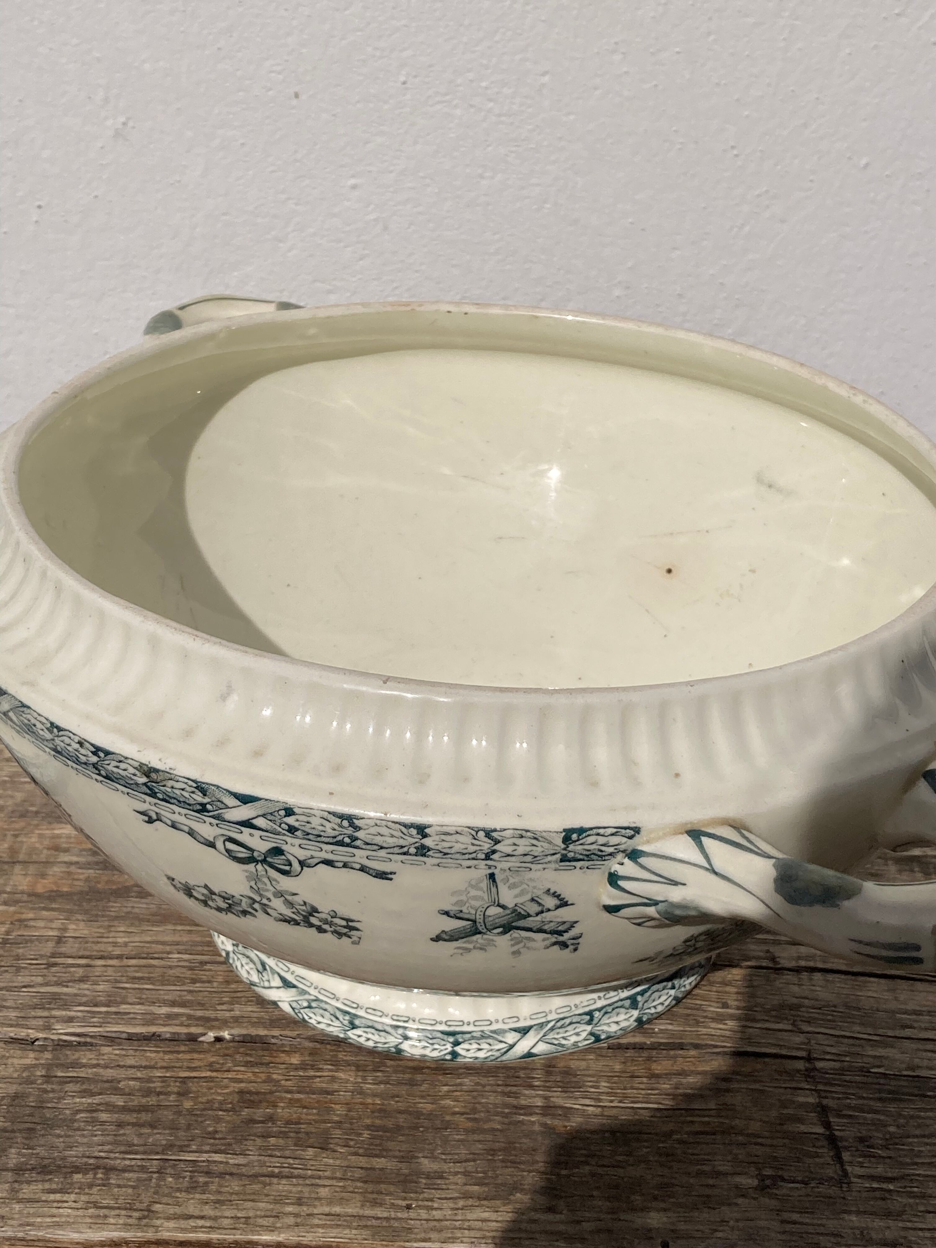 Old iron earth tureen Ninon Salins blue, ceramic and earthenware plate