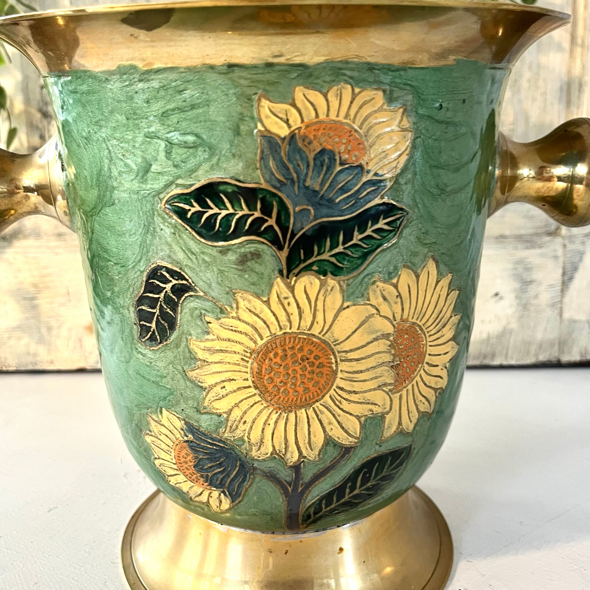 Vintage brass and green enamel cloisonné champagne cooler with sunflow