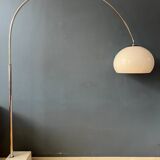 Vintage Guzzini Space Age arc floor lamp with white mushroom shade and marble base