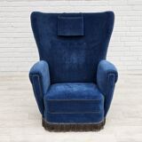 Années 1960, fauteuil relax danois à dossier haut, état d'origine, meuble en velours bleu.