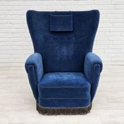 Années 1960, fauteuil relax danois à dossier haut, état d'origine, meuble en velours bleu.