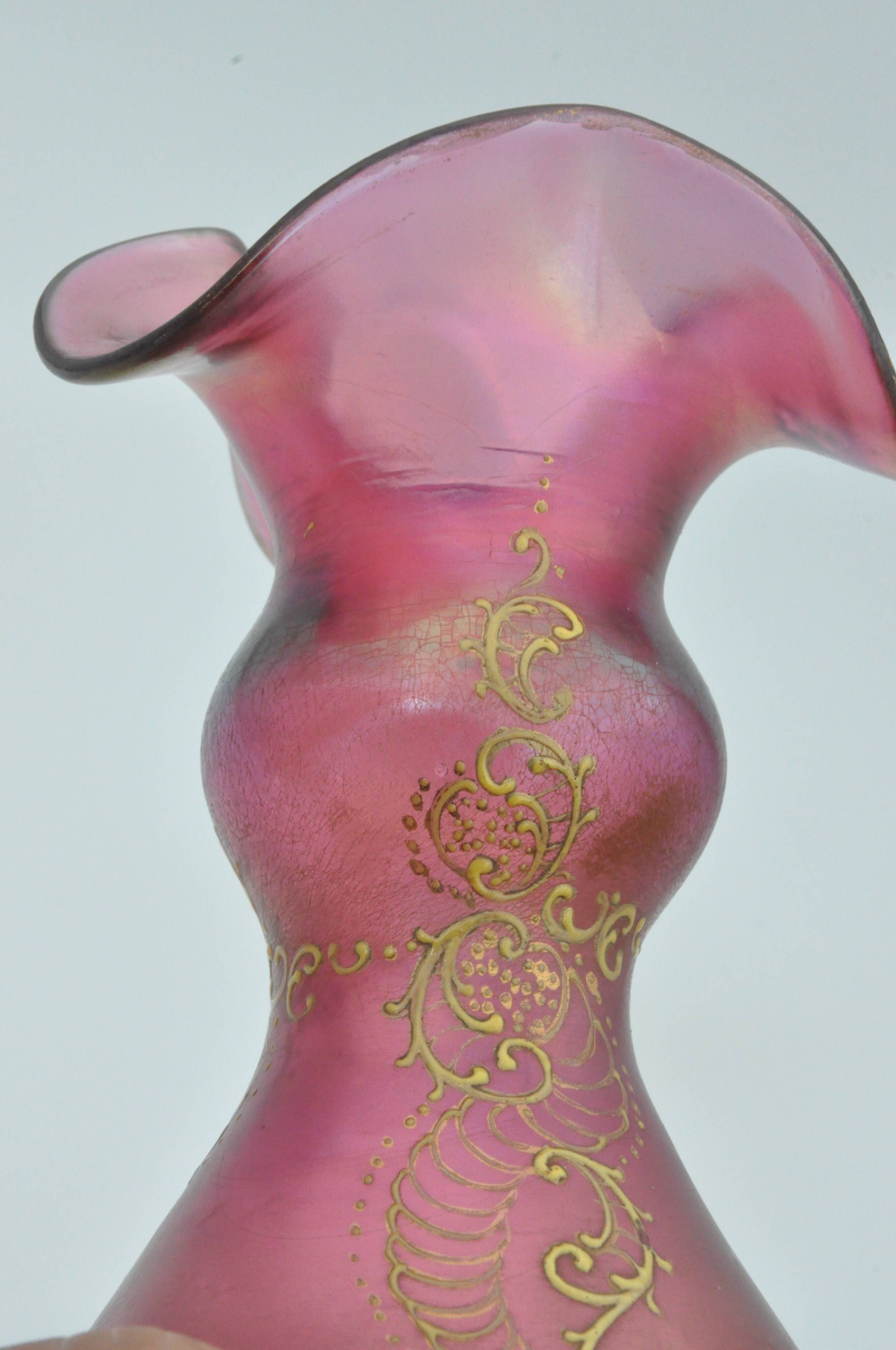 Old pair of vases glass paste enhanced with golden enamel art nouveau décor