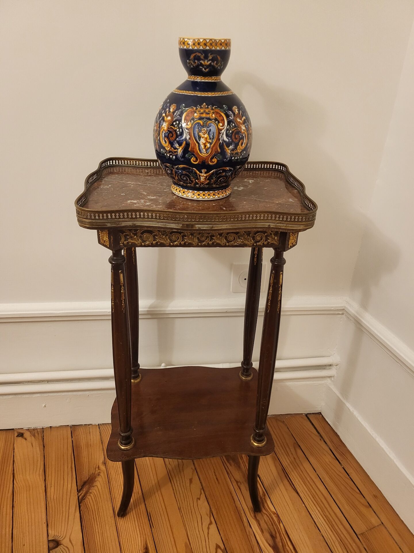 Mahogany side table with marble and bronze in Louis XV style.