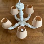 White painted wooden chandelier with 5 arms and lampshade