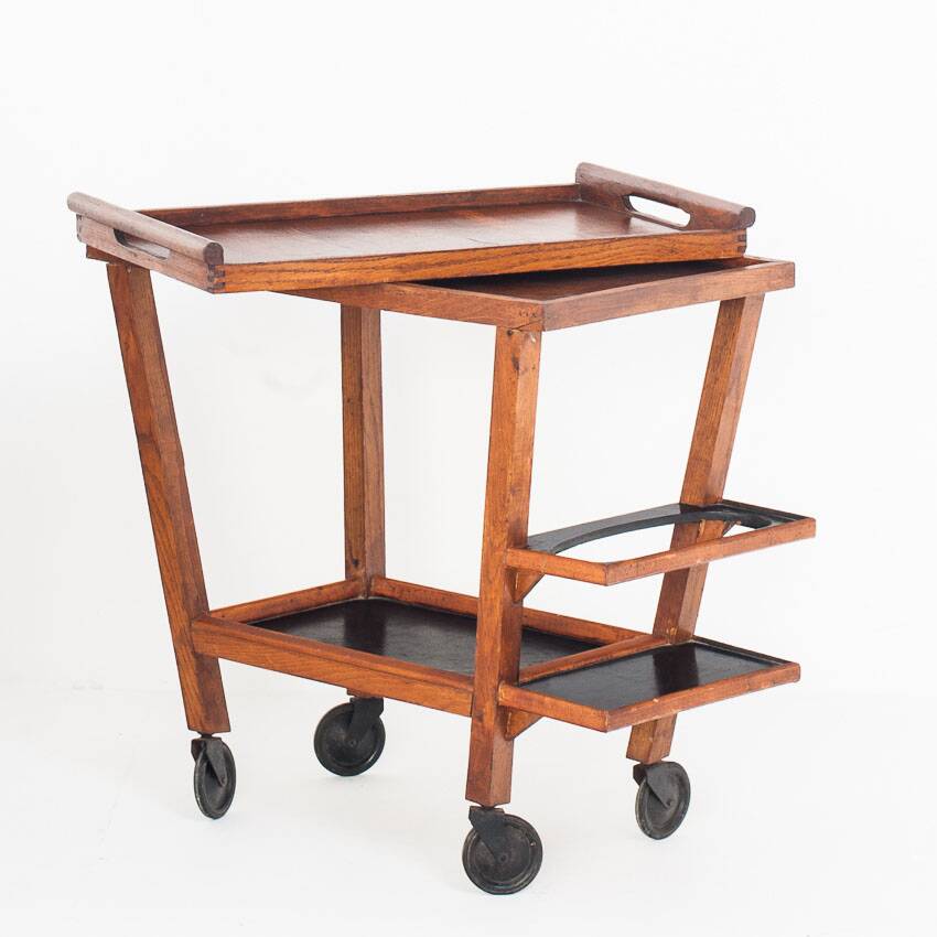 Vintage oak bar cart with removable tray. France 1950s.