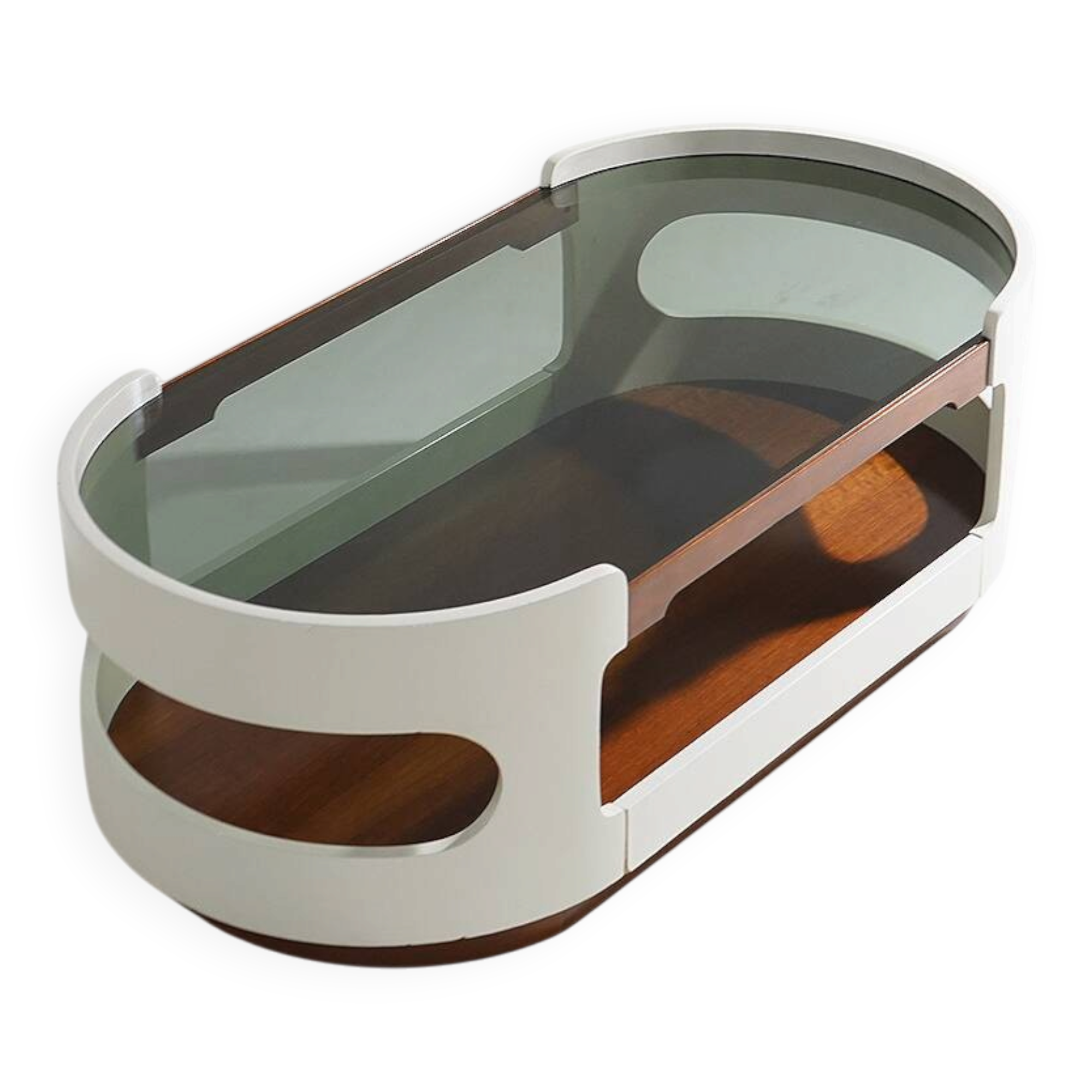 Table basse en bois et en verre de l'ère spatiale, années 1970